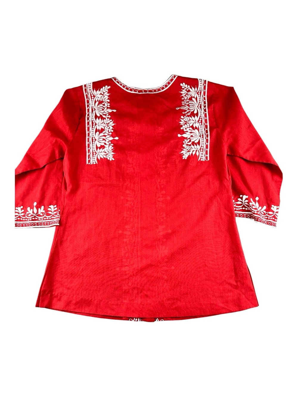 VTG Caro of Honolulu Red Embroidered Boho Tunic Top White Floral Folk S - Picture 5 of 8